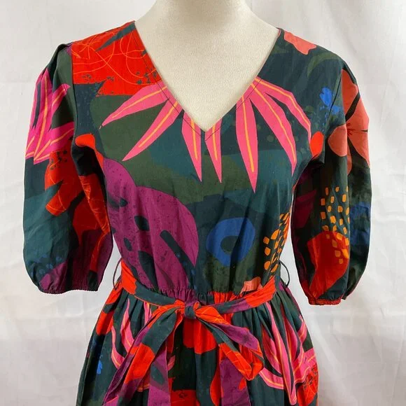 Maude Vivante Maxi Dress XS Half Sleeve Tie Waist Dark Green Pink Purple Red - Picture 3 of 15